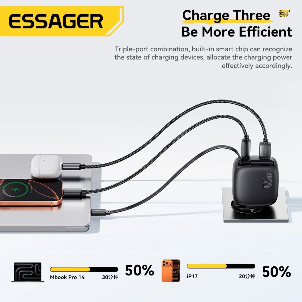 Essager ES-CD60 Chargeur Secteur GaN 65W avec Câble USB-C Rétractable - Arsenal HANTKO